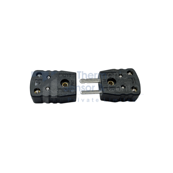 Miniature flat pin connector for Type J thermocouples, compact and corrosion-resistant, ensuring precise and reliable temperature measurement in industrial and scientific applications.