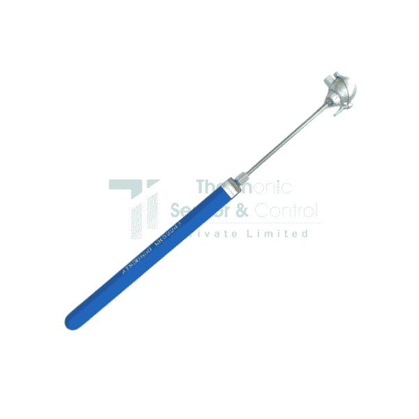 High-temperature molten metal thermocouple probe with protective sheath in industrial furnace