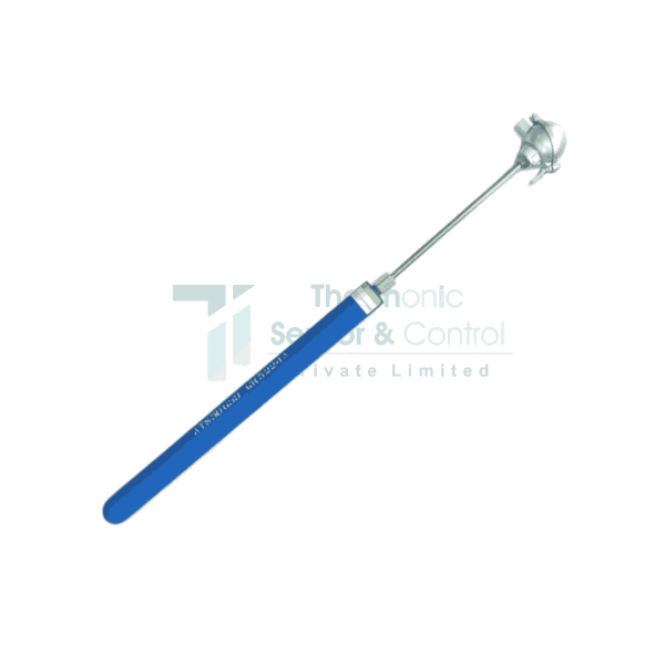 Molten Metal Thermocouples High-temperature molten metal thermocouple probe with protective sheath in industrial furnace
